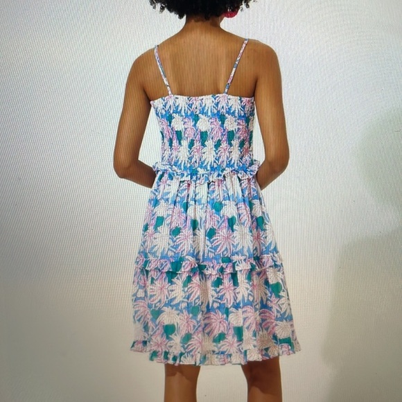 Oliphant Mini Dress Palm Tree Smocked back Cayman Blue Pink size M tired ruffles - Picture 3 of 11